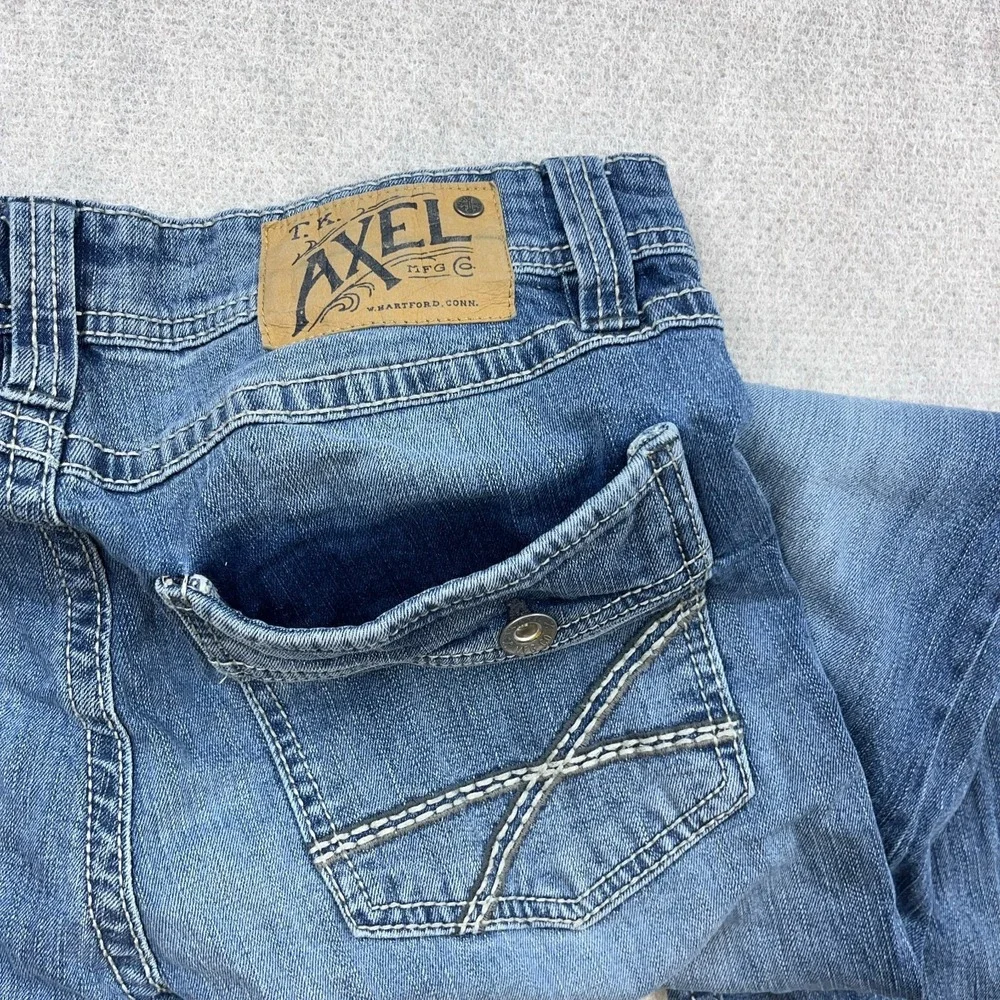 TK Axel Jeans Men 32x32 Slim Boot Cut Medium Wash Denim Pants Flap Pockets Faded